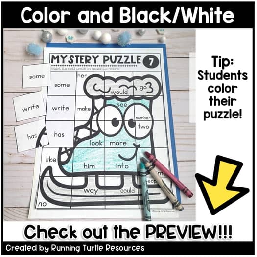 Winter Mystery Puzzles, 1st Grade and Kindergarten Sight Word Puzzles, January