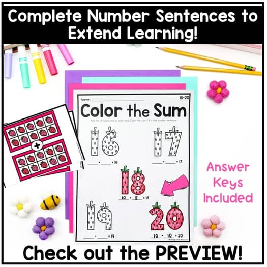 Summer Addition Strawberry Count and Color Kindergarten Math