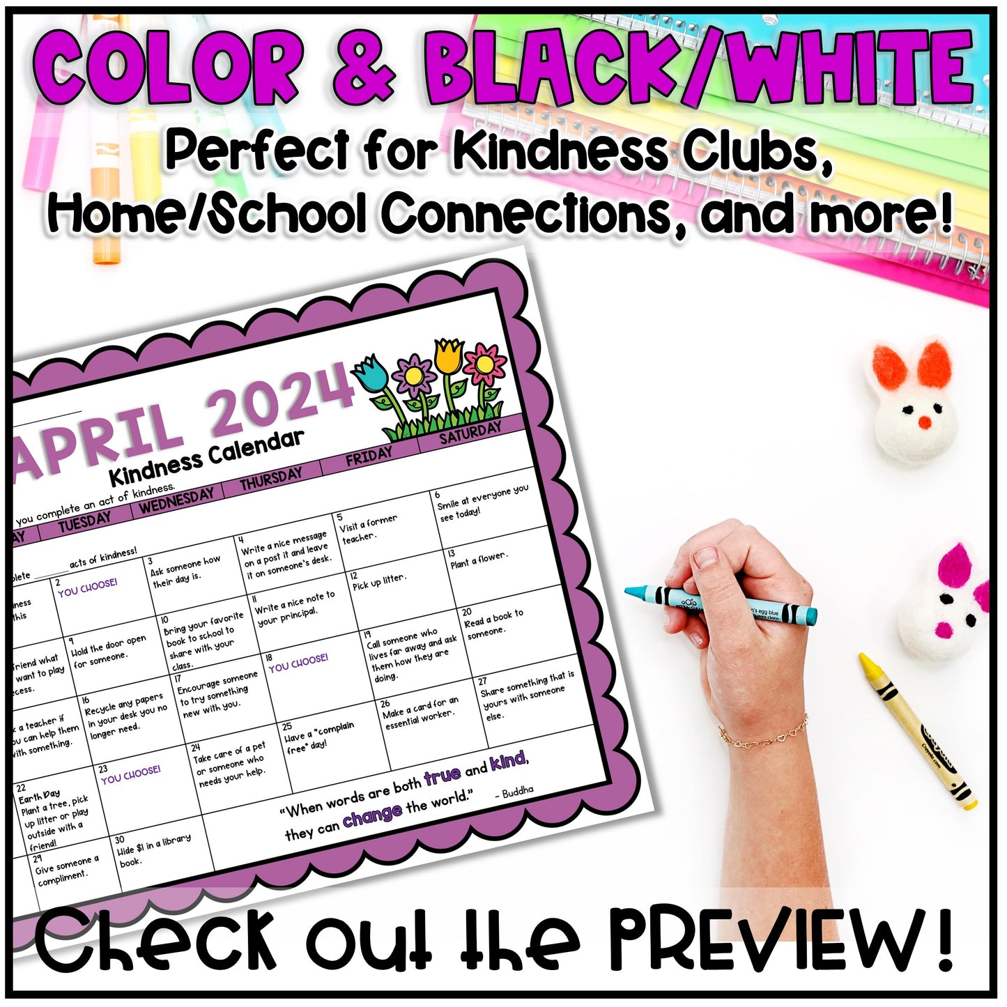 April 2024 Kindness Calendar Editable Random Acts of Kindness