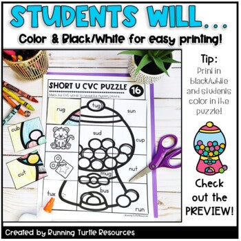 CVC Words Mystery Puzzles Phonics Word Work