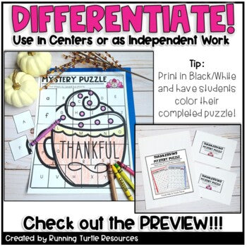 Thanksgiving Alphabet Mystery Puzzles l Letter and Beginning Sounds Match