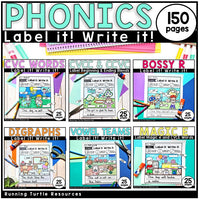 Collection of phonics worksheets with colorful headers and illustrations, labeled '150 pages' from Running Turtle Resources.