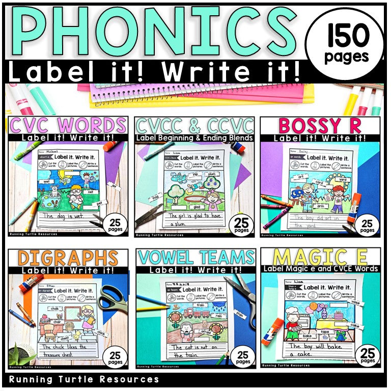 Collection of phonics worksheets with colorful headers and illustrations, labeled '150 pages' from Running Turtle Resources.