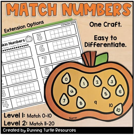 Fall Pumpkin Math Craft, Number Matching, Sums and Differences within 20