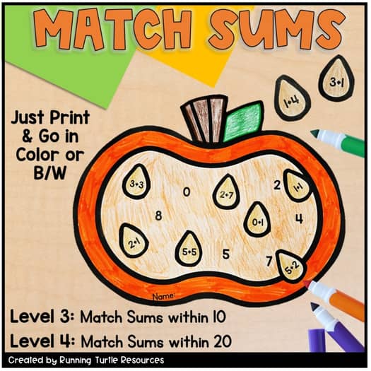 Fall Pumpkin Math Craft, Number Matching, Sums and Differences within 20