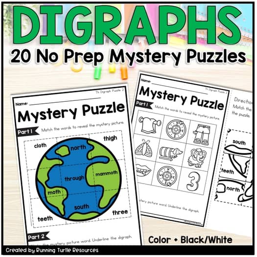 Digraph Mystery Puzzle, No Prep Kindergarten and 1st Grade Phonics