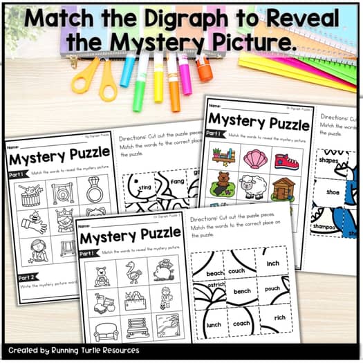 Digraph Mystery Puzzle, No Prep Kindergarten and 1st Grade Phonics