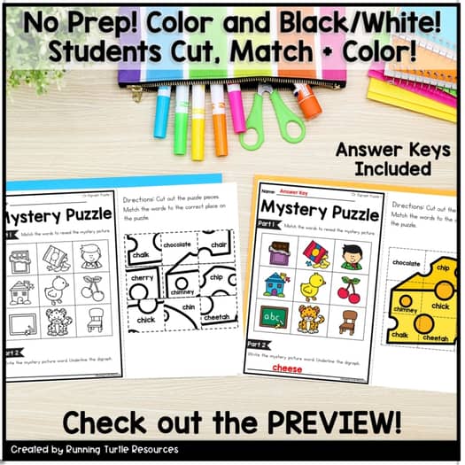 Digraph Mystery Puzzle, No Prep Kindergarten and 1st Grade Phonics