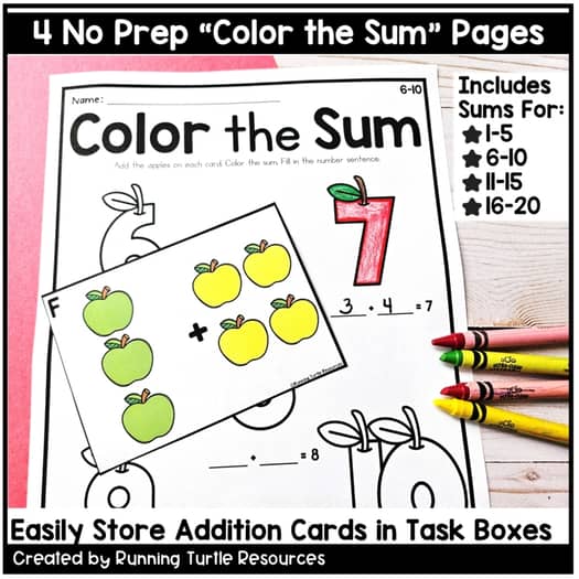 Fall Add and Color Kindergarten Addition Count the Room Apple Math