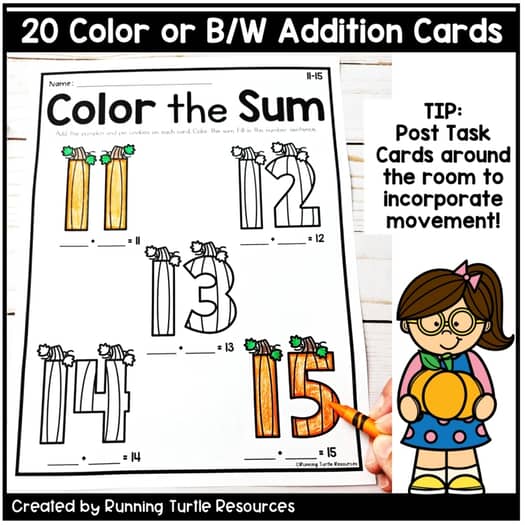 Fall Pumpkin Add and Color Kindergarten Addition Count the Room