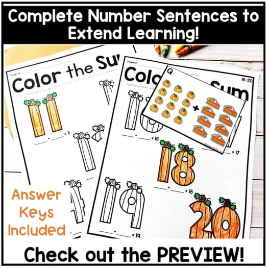 Fall Pumpkin Add and Color Kindergarten Addition Count the Room