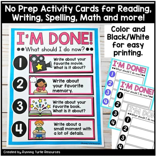 I'm done! Early Finisher Chart with Fast Finishers Activity Cards Editable
