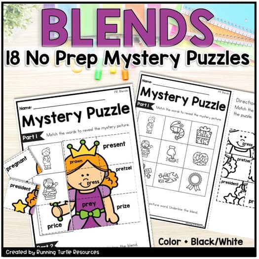 Beginning Blends Mystery Puzzles, No Prep Kindergarten, 1st Grade Phonics