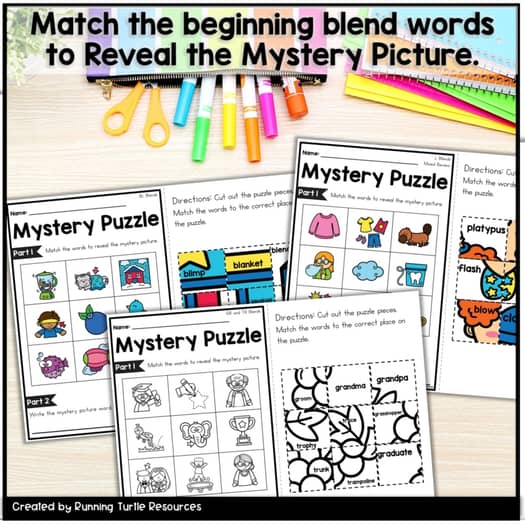 Beginning Blends Mystery Puzzles, No Prep Kindergarten, 1st Grade Phonics