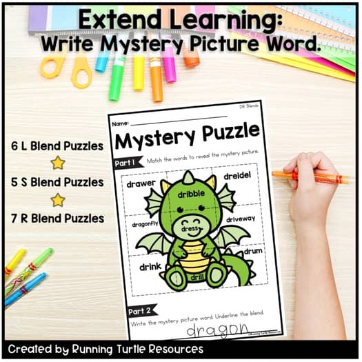 Beginning Blends Mystery Puzzles, No Prep Kindergarten, 1st Grade Phonics