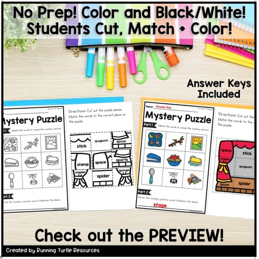 Beginning Blends Mystery Puzzles, No Prep Kindergarten, 1st Grade Phonics