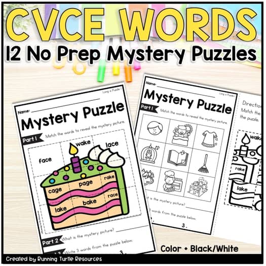 CVCE Mystery Puzzles, No Prep Kindergarten, 1st Grade Phonics