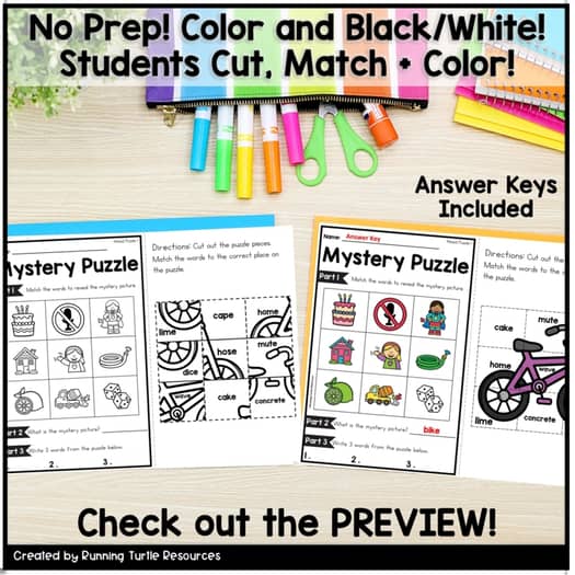 CVCE Mystery Puzzles, No Prep Kindergarten, 1st Grade Phonics