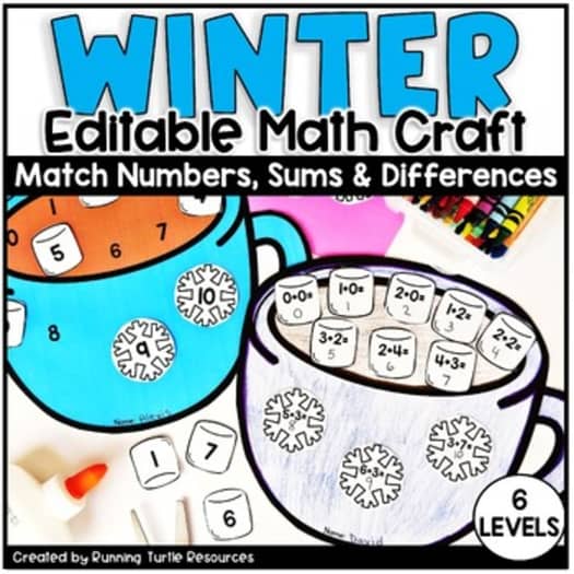 Promotional image for a winter math craft bulletin board, featuring mug templates and marshmallow pieces for different levels of counting, along with editing tools visible.
