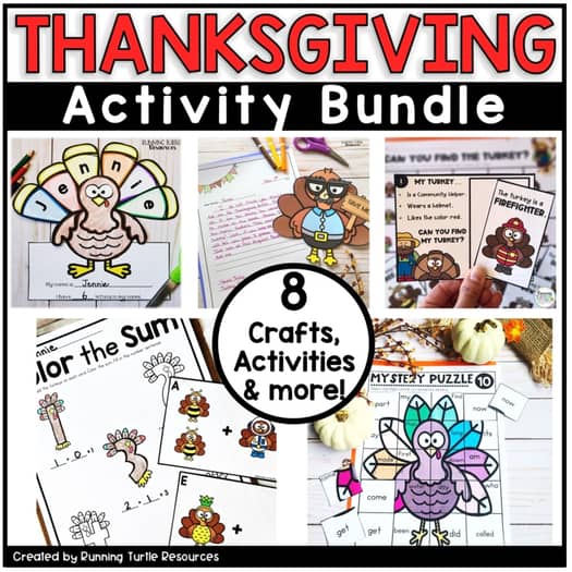 A collage of various Thanksgiving themed activities for kindergarten, including crafts, games, and more.