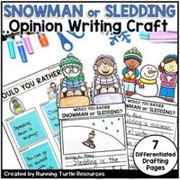 Promotional image for a Winter Opinion Writing Craft product, featuring cartoon illustrations of children engaged in writing and editing tasks, with a 'Would you rather' prompt about snowman or sledding.