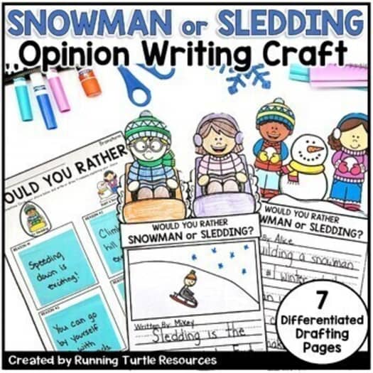 Promotional image for a Winter Opinion Writing Craft product, featuring cartoon illustrations of children engaged in writing and editing tasks, with a 'Would you rather' prompt about snowman or sledding.