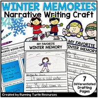 Promotional image for a Winter Narrative Writing Craft, featuring cartoon children and teachers with writing and drawing tools, alongside pages of a drafting template.