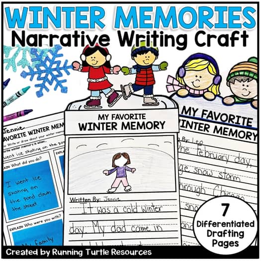 Promotional image for a Winter Narrative Writing Craft, featuring cartoon children and teachers with writing and drawing tools, alongside pages of a drafting template.