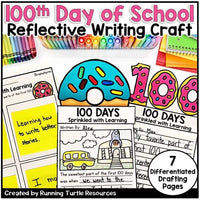 A collection of 100th Day of School Writing Craft templates, including brainstorming, drafting, and publishing pages, with colorful donut toppers and a carousel illustration.