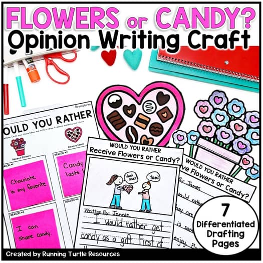 Promotional image for a Valentine Opinion Writing Craft, featuring a 'Would you rather' writing prompt, with various templates and drafting pages displayed.