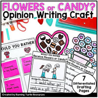 Promotional image for a Valentine Opinion Writing Craft, featuring a 'Would you rather' writing prompt, with various templates and drafting pages displayed.