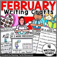 A colorful February Writing Crafts bulletin board activity template featuring various writing prompts and related illustrations such as flowers, candy, and presidential themes.