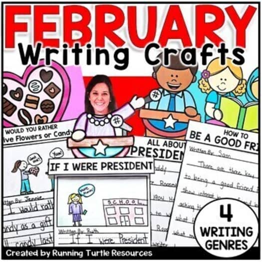 A colorful February Writing Crafts bulletin board activity template featuring various writing prompts and related illustrations such as flowers, candy, and presidential themes.