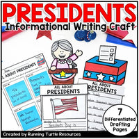 Promotional image for 'All About Presidents' Day Writing Craft' featuring various drafting and publishing templates, a cartoon of a smiling president, and American flag graphics.