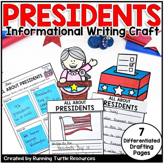 Promotional image for 'All About Presidents' Day Writing Craft' featuring various drafting and publishing templates, a cartoon of a smiling president, and American flag graphics.