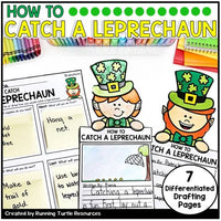 Promotional image for 'How to Catch a Leprechaun' writing craft booklet, featuring cartoon images of two children in leprechaun costumes, with a bulletin board and writing prompts illustrated around them.