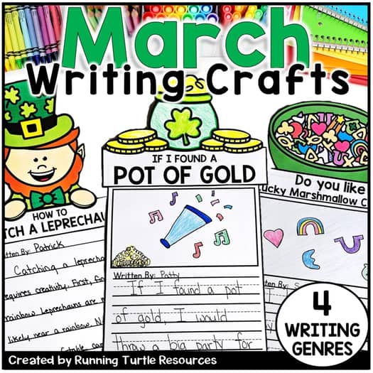 Promotional image for 'March Writing Crafts' featuring a cartoon leprechaun, a pot of gold, and various writing prompts and genres for St. Patrick's Day and Women's History Month.
