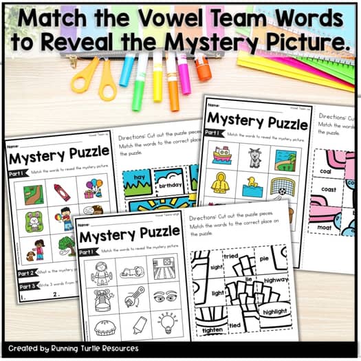 Vowel Teams Mystery Puzzles, 1st Grade Phonics Printables