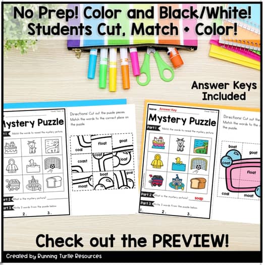 Vowel Teams Mystery Puzzles, 1st Grade Phonics Printables