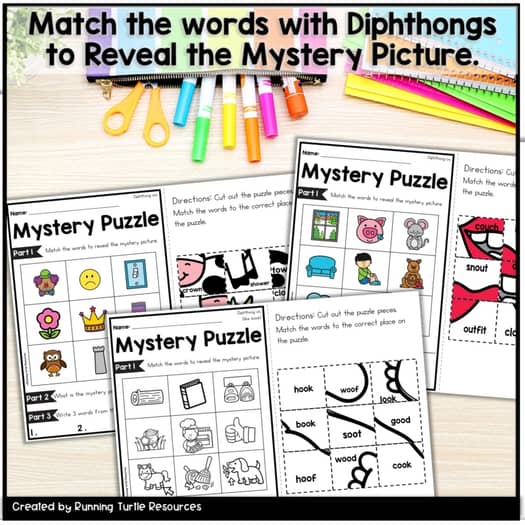 Diphthongs Mystery Puzzles, 1st Grade Phonics Printables