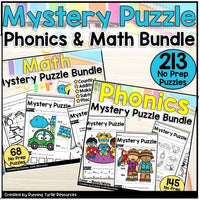 Promotional image for a mystery puzzle phonics and math bundle, featuring various puzzle sets with colorful illustrations and cartoon images.