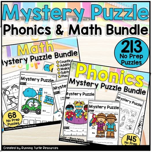 Phonics and Math Mystery Puzzles MEGA Bundle, Kindergarten and 1st Grade