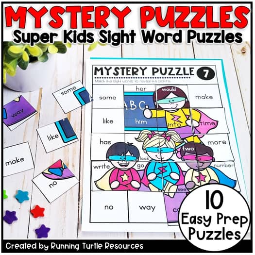 Superhero Sight Word Mystery Puzzles, Kindergarten & 1st grade Word Work