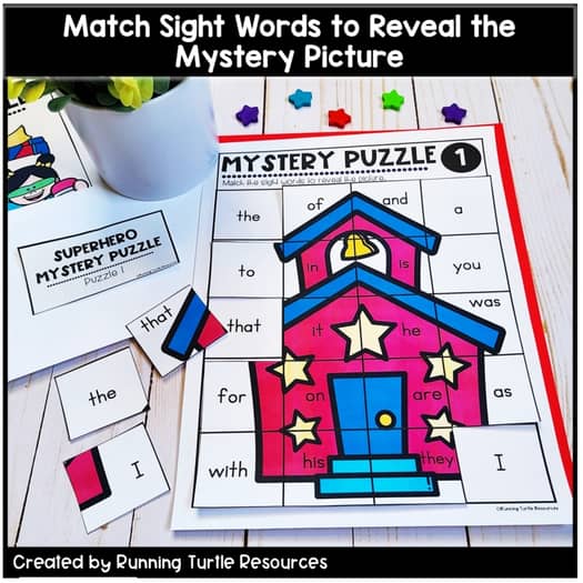 Superhero Sight Word Mystery Puzzles, Kindergarten & 1st grade Word Work