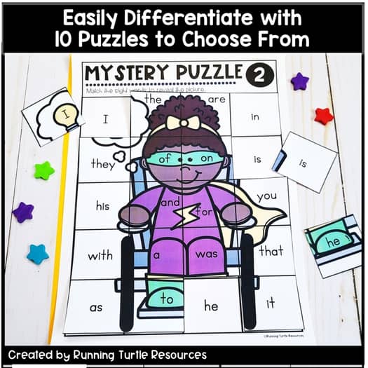 Superhero Sight Word Mystery Puzzles, Kindergarten & 1st grade Word Work
