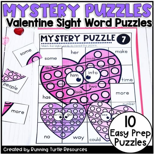 Valentine Mystery Puzzles, Valentine's Day Word Work, February Sight Words