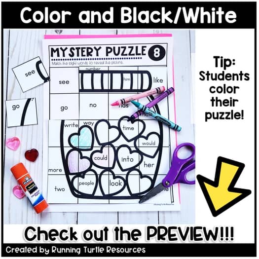 Valentine Mystery Puzzles, Valentine's Day Word Work, February Sight Words