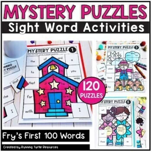 Promotional image for 'Mystery Puzzles' featuring various colorful puzzle sheets with sight words and illustrations of children solving puzzles. Text indicates that there are 120 puzzles and includes Fry's First 100 Words.