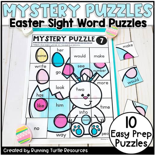 Easter Sight Word Mystery Puzzles, April Word Work, Kindergarten and 1st Grade