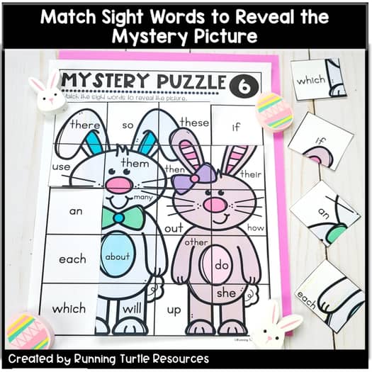 Easter Sight Word Mystery Puzzles, April Word Work, Kindergarten and 1st Grade